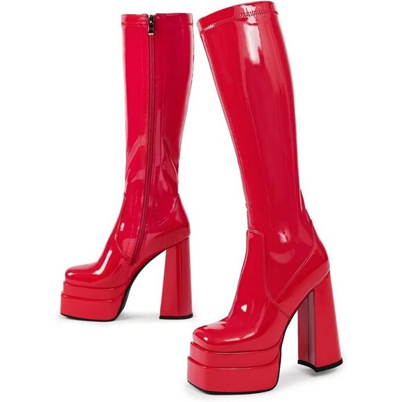 Shoes - Red Platform Knee High Boots for Women, Chunky Heel, Zipper, Cosplay